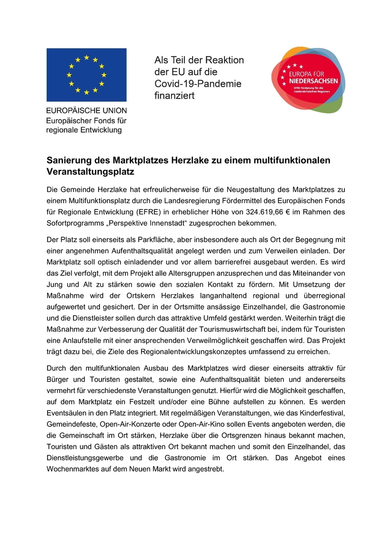 Sanierung des Marktplatzes Herzlake zu einem multifunktionalen Veranstaltungsplatz Sanierung des Marktplatzes Herzlake zu einem multifunktionalen Veranstaltungsplatz